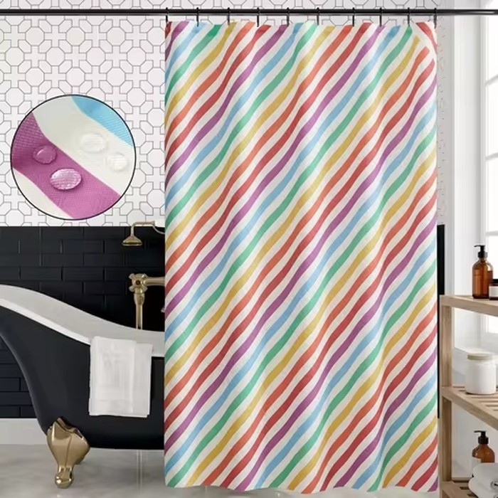 Waterproof Wavy Striped Shower Curtain Set, Modern Aesthetic Fabric Bath Curtain for Home Hotel Bathroom Decor, Washable Bath Screen with Hooks