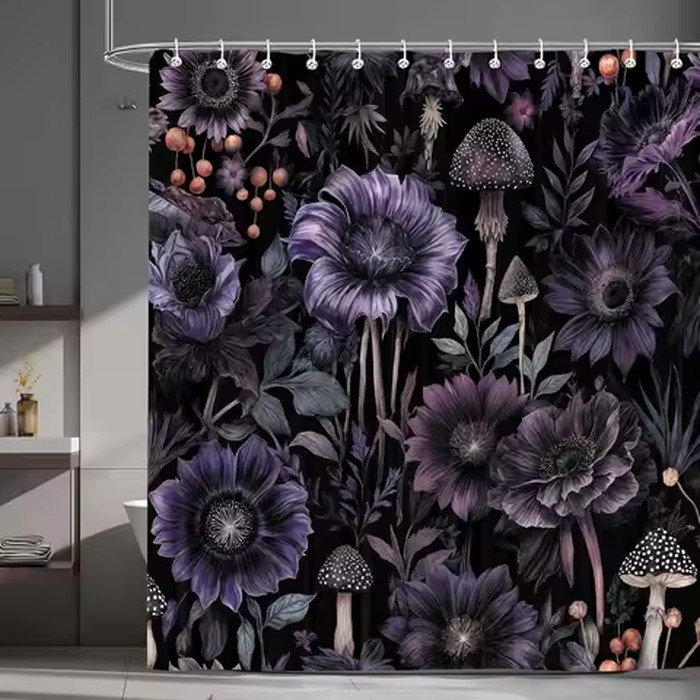 Moonslim Purple Floral Gothic Shower Curtain, Black Dark Flower Mushroom Botanical Leaves Aesthetic Bathroom Decor, Waterproof Fabric Curtain with 12 Hooks, 72x72 Inch
