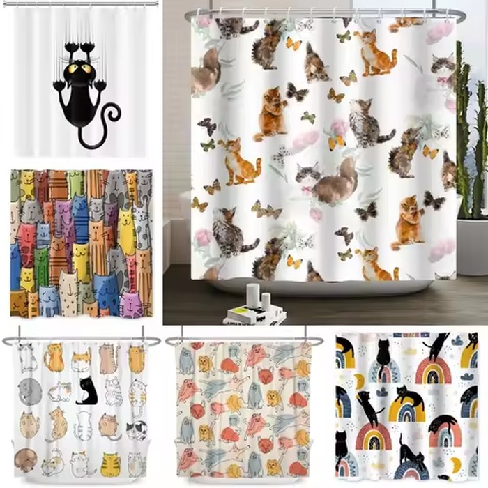 Funny Cat Shower Curtain Cartoon Cute Cats Dog Kids Shower Curtain for Bathroom Waterproof Polyester Home Decor Shower Curtain