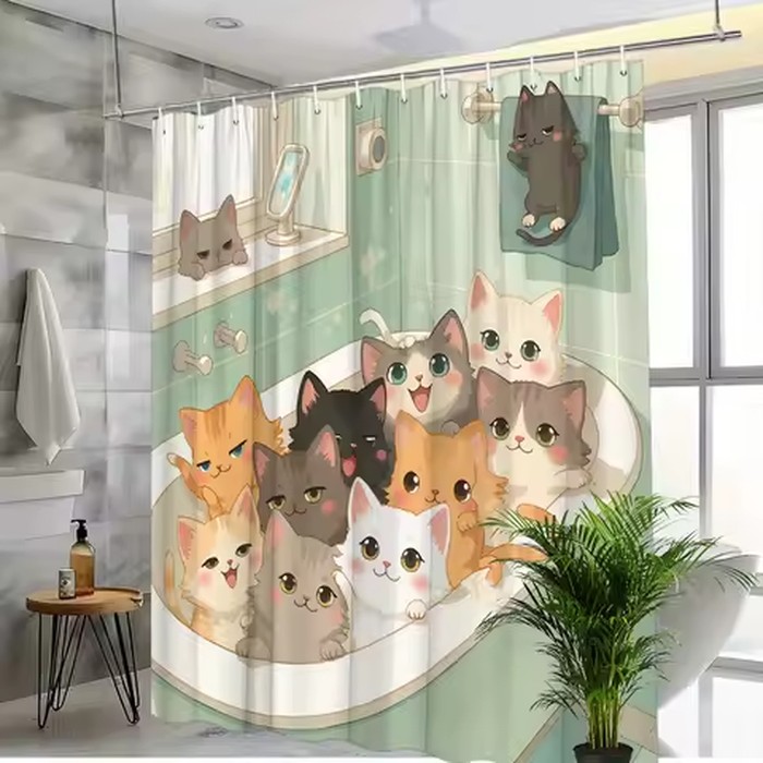 Cartoon Cute Multi Color Kittens Bathing In Bathtub Bathroom Scene Print Shower Curtain Waterproof Mildew Resistant Polyester Fa