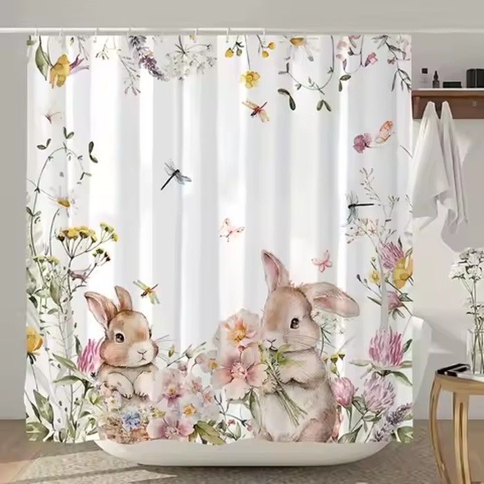 VIKAMA Easter Bunny Shower Curtain Floral Butterfly Waterproof Mould-Resistant Privacy Screen with Hooks Room Divider Home Decor