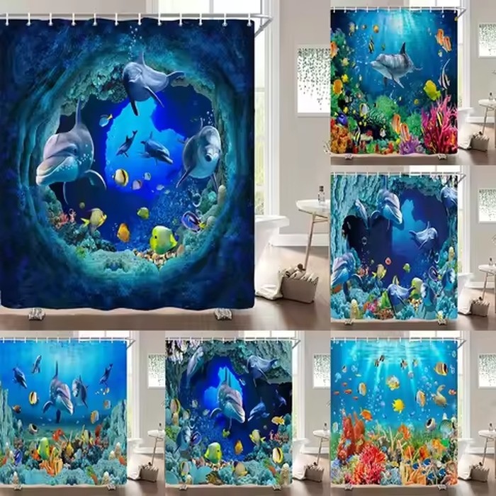 2D Underwater Cave Dolphin Shower Curtain Colorful Tropical Fish Coral Blue Ocean Sea Bubble Marine Life Print Waterproof Fabric