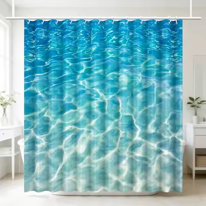 Clear Blue Water Ripple Shower Curtain, Refreshing Turquoise Pool Water Surface Print Waterproof Fabric Bath Curtain with Hooks