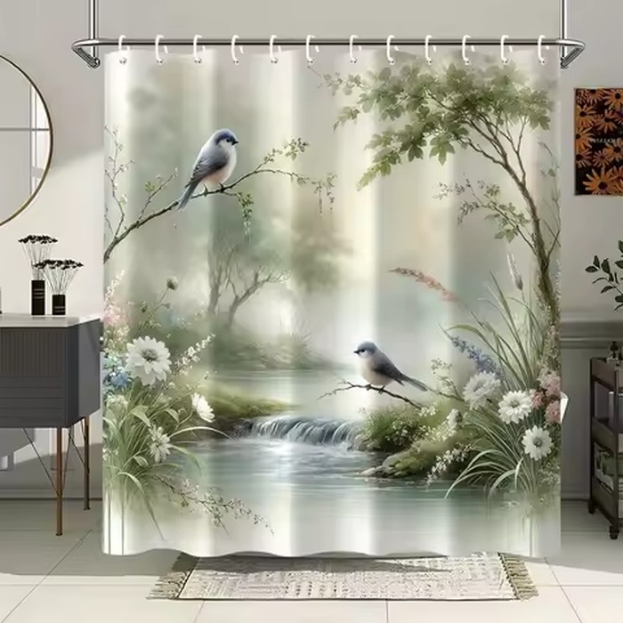 Peaceful Stream Shower Curtain Waterproof Fabric Bathroom Curtains Blue Bird and Flower Bath Screen Divider Home Decor