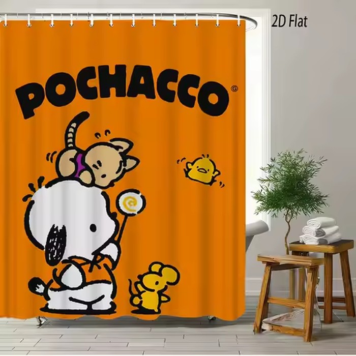 Cute Cartoon Pochacco Print Shower Curtain Waterproof Polyester Fabric Bath Curtain With 12 Hooks Easy To Install For Bathroom D