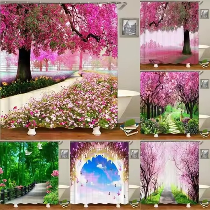 3D Cherry Blossom Shower Curtain Spring Pink Tree Floral Garden Bath Curtain Waterproof Fabric Bathroom Decor with Hooks