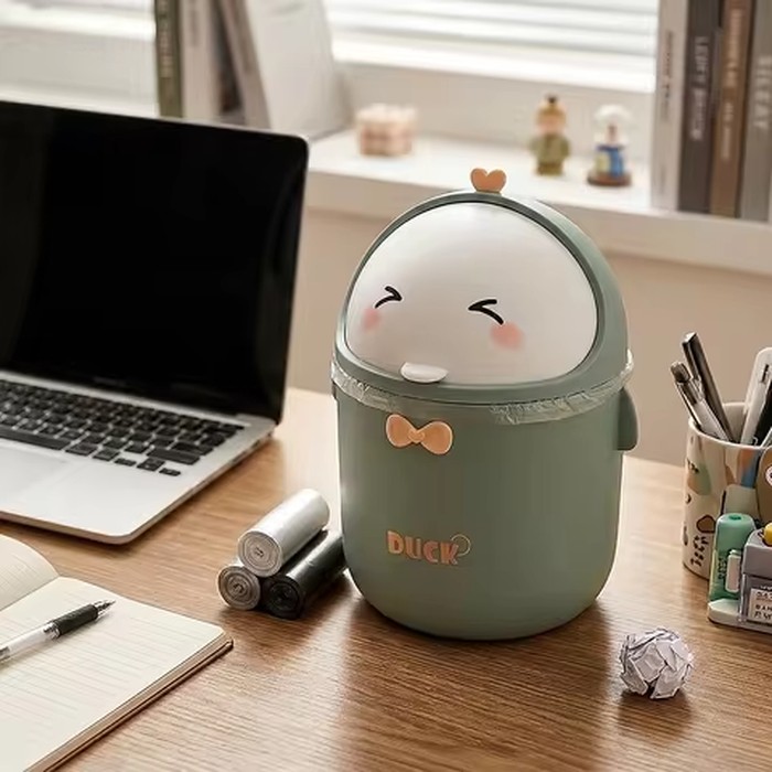 Zoyiancy Duck Desktop Trash Can With Swing Lid, Cute Mini Countertop Wastebasket With 90 Bags For Desk Vanity Office