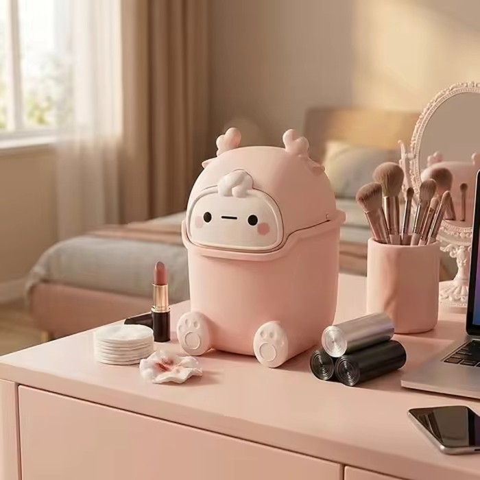 Zoyiancy Pink Deer Mini Desktop Trash Can With Flip Lid, 5L Cute Tabletop Wastebasket For Vanity Desk Counter, Includes 90 Liners