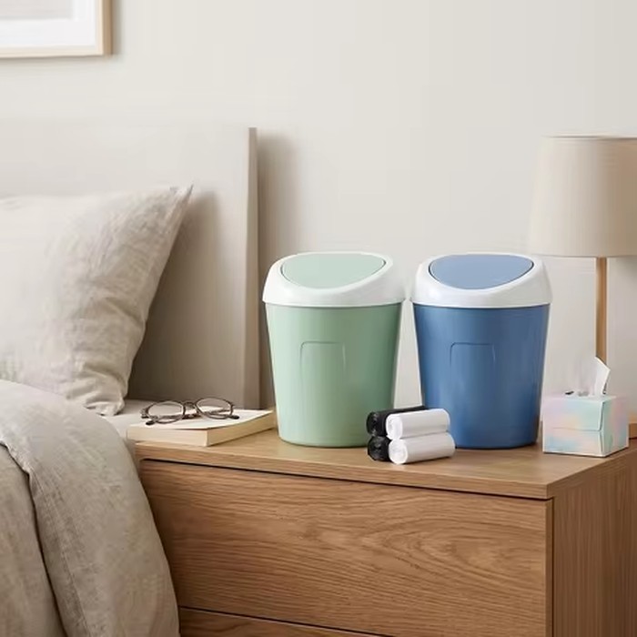 Zoyiancy2Pc Mini Desktop Trash Can Set With Swing Lids, Soft Blue And Sage Tabletop Wastebaskets, 120 Bags