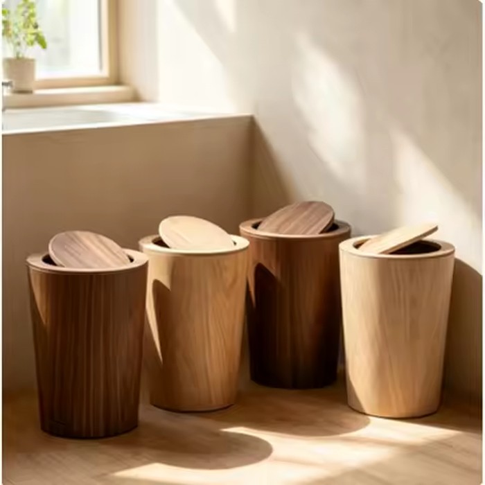 Wood Trash Can With Lid Kitchen Garbage Bin Office Bathroom Indoor Waste Storage Basket Home Decor