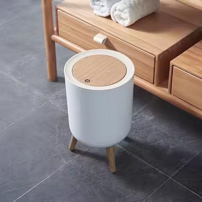 7L Round Wood Grain Trash Can Press Type Garbage Can Nordic Waste Basket With Legs Plastic Trash Bin for Bathroom Living Room