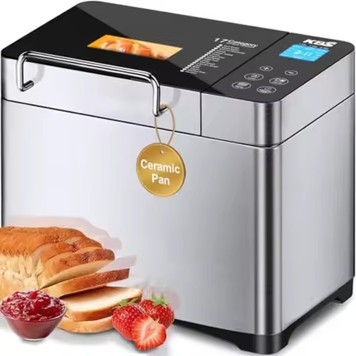 Bread maker for home baking, stainless steel body with ceramic pan, black color, 17-in-1 smart functions including automatic nu