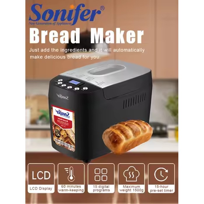 Sonifer 1500g Automatic Bread Maker SF-4025, Dual Kneading Hooks, 15 Programs, 15H Timer, 3 Crust Settings, Keep Warm