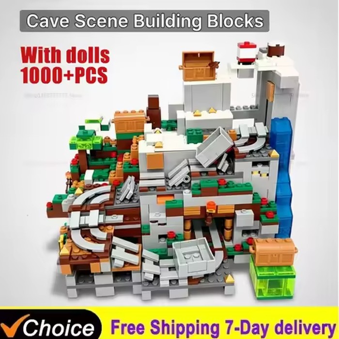 1000PCS DIY Castle Adventure Building Blocks Set with Animals Mine Cart Track Waterfall Trees Creative Toy for Birthday Gift