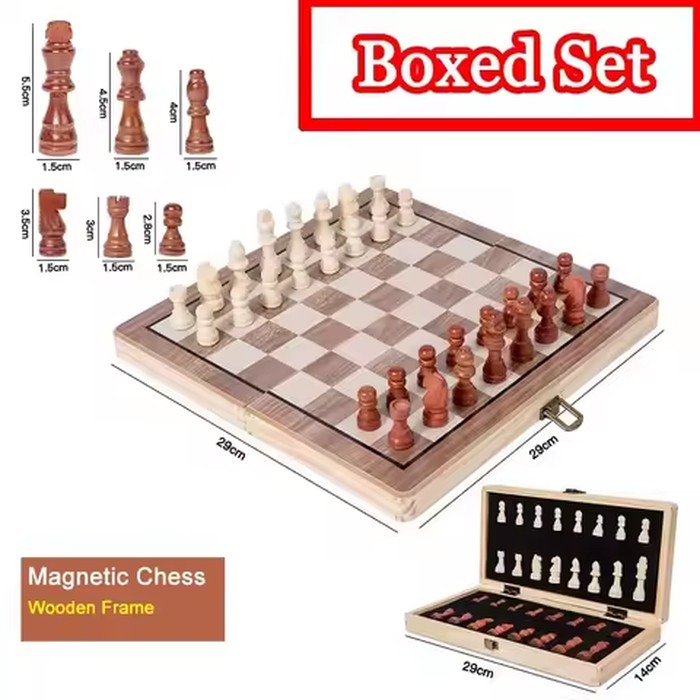 Magnetic Wooden Folding Chess Set for Adults and Kids, Felted Game Board, Interior Storage, Family Gift, 29cm * 29cm