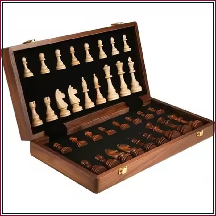 15" Folding Walnut Chess Set with Storage - Tournament-Size Portable Chess Board for Adults, Travel, Family Game Night, 2 Extra Queens