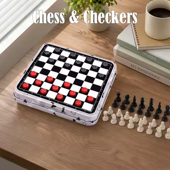 2‑in‑1 Magnetic Chess & Checkers Board Game Set,Portable Mini Travel Chessboard,High Quality Family Party Table Game,Gift