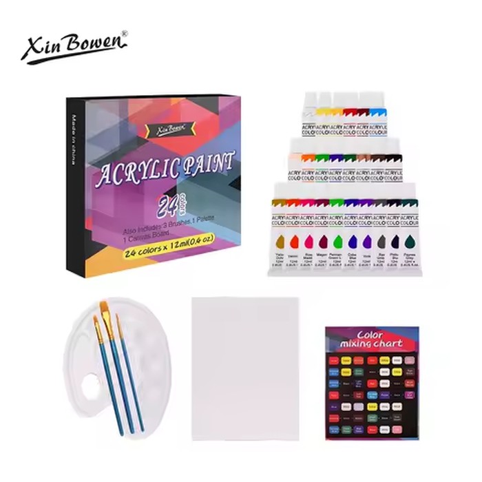 24 Colors Acrylic Paint Set with Paper & Palette Complete Artist Gift Kit