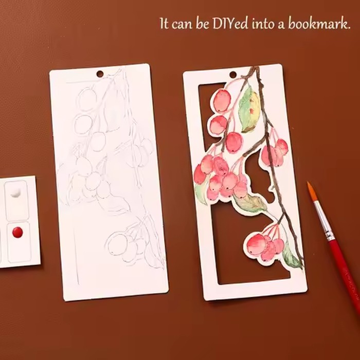 Creative 10 Sheets Watercolor Painting Set 12 Colors Handmade Coloring Bookmark DIY Hollow Bookmark Painting Set