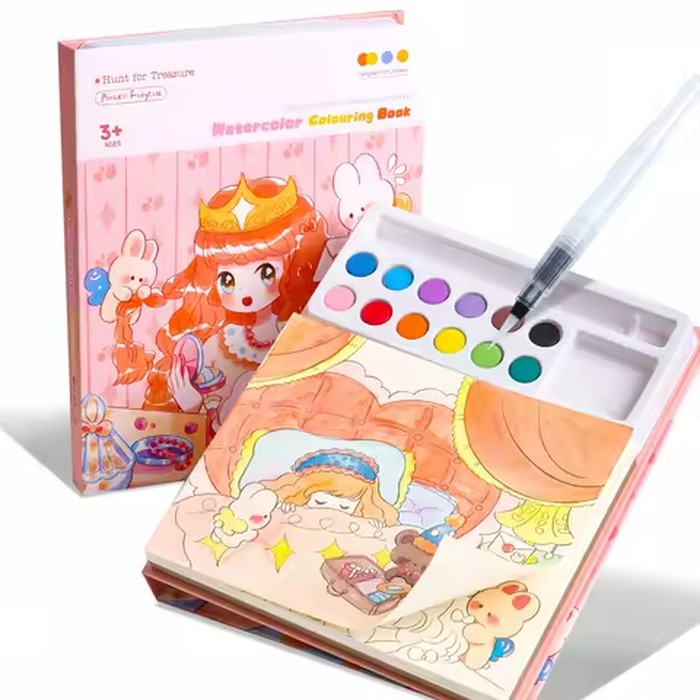1 Book with 24 Watercolor Coloring Pages Gift Box Set - Includes a Built-In Palette + Water Brush, DIY Art Kit, Suitable for Children Aged 3 and Above, Perfect Birthday and Holiday Gift