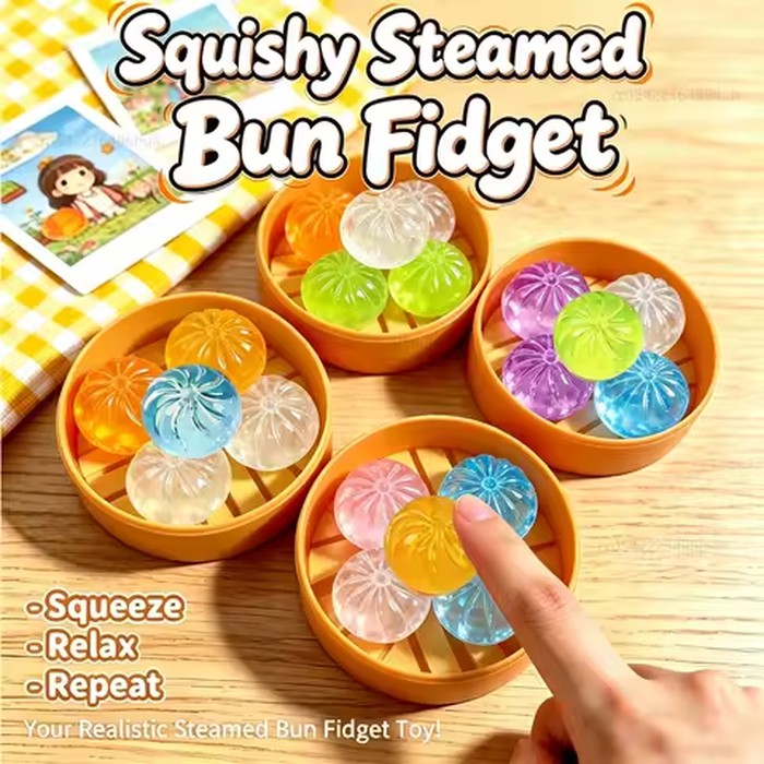 5Pcs Mini Dumplings with Steamer Bun Squeezable Toys Set Soft Stress Relief Crystal Squishy Fidget Sensory Toy Party Favors Gift