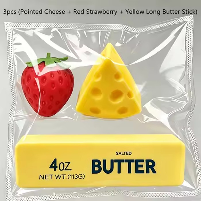 3Pcs Party Fidget Squishy Toy Set, Strawberry Cheese & Butter Squishies, Realistic Soft Sensory Squeeze Toys, Birthday Gifts