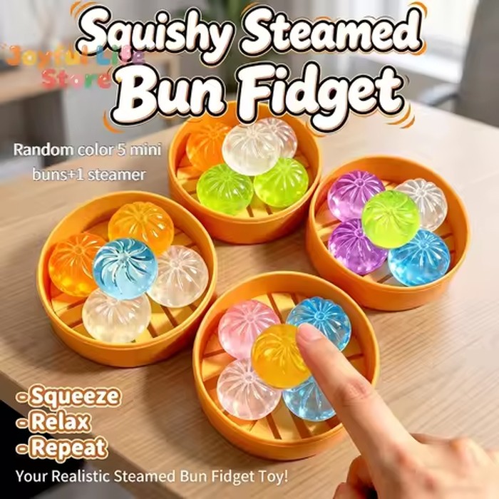 New 5Pcs Mini Dumplings With Steamer Bun Squeezable Toys Set Soft Stress Relief Crystal Fidget Sensory Toy Party Favors Gift