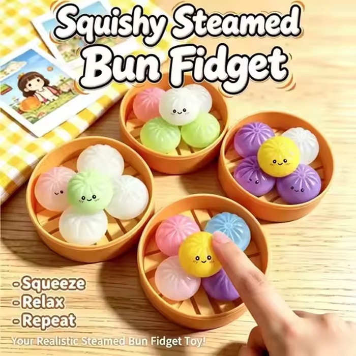Toys Set Soft Stress Relief Crystal Squishy Fidget Sensory Toy Party Favors Gift 5Pcs Mini Dumplings with Steamer Bun Squeezable
