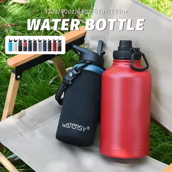 WATERSY 32/40/64oz Insulated Water Bottle, Stainless Steel Vacuum Flask with Straw & Lids, Large Capacity Outdoor Sports Kettle