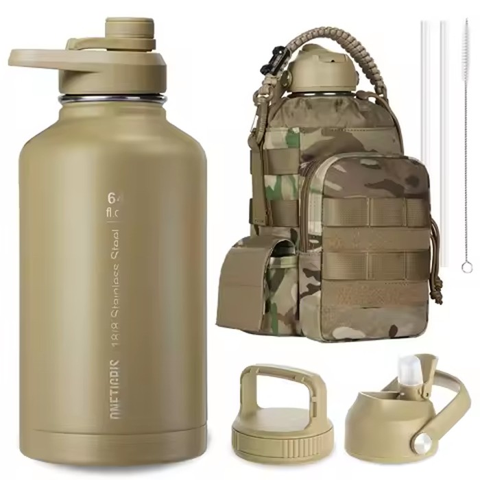 ONETIGRIS 64oz Tactical Insulated Water Bottle with 3 Lids & MOLLE Pouch | Double-Walled Vacuum Cold for 48 Hrs, 304 Stainless