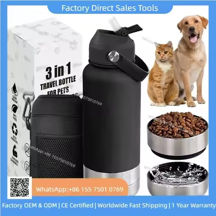 MOQ:25 pc Updated Version Custom Logo 32oz 64oz Dog Bottle 3-in-1 Stainless Steel Portable Travel Dog Bottle