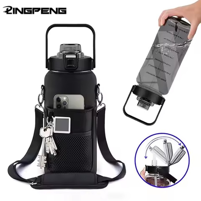 2L 64OZ Half Gallon Water Bottle with Sleeve Motivational Water Bottle with Straw & Time Marker Leakproof Sport Water Jug
