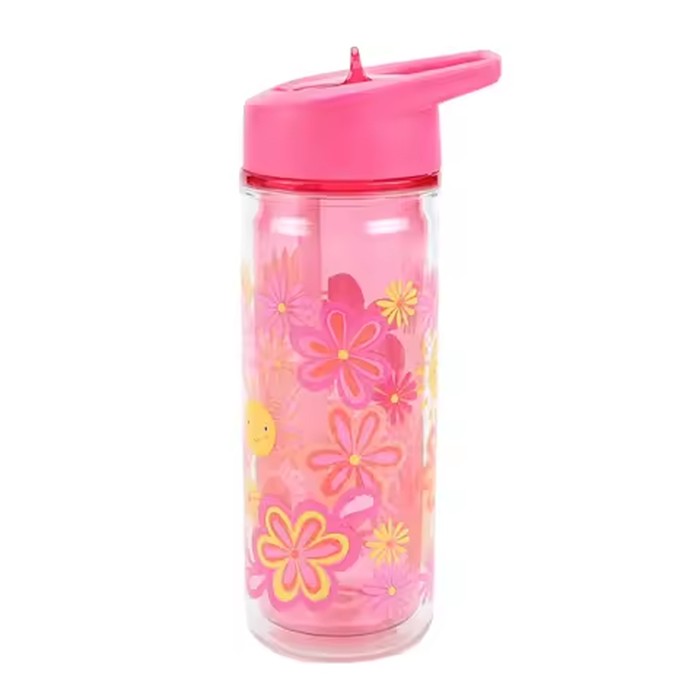 14 oz Flower Double Wall Insulated Plastic Water Bottle with Lid and Straw