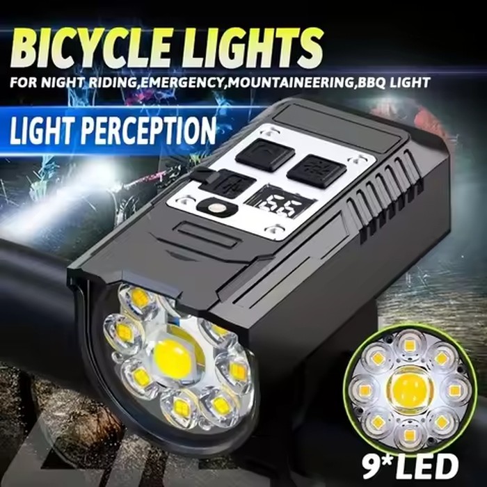 Bicycle Flashlights 9 LED Bike Front Light Type-C Rechargeable Bike Lamp Ultralight Handlebar Lights Waterproof Cycling Lamp
