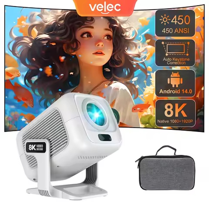 Velec Android 14 Projector 8K Video Decode Mini 450ANSI 1080P Auto Focus Smart Home Theater Portable Outdoor Projector WIth bag