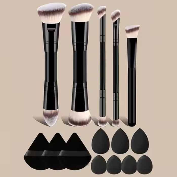 Makeup Brush Set with Sponges and Puffs, 5/7/12/15-Piece Travel Beauty Tools for Foundation, Powder, Blush and Eyeshadow