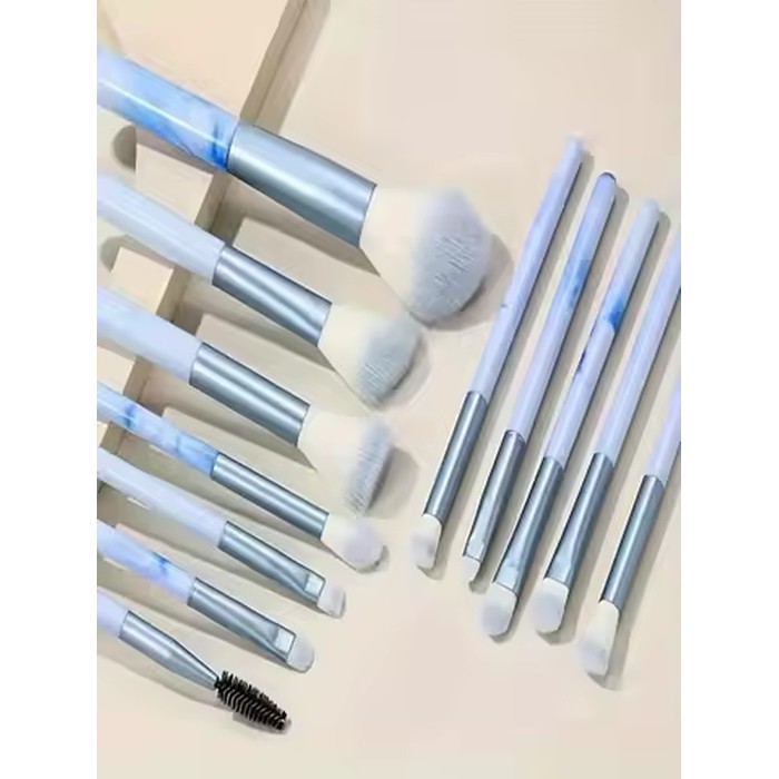 10/12-Piece Blue Makeup Brush Set - Powder Puff & Cleaning Pad - Synthetic Brushes for Powder & Blush