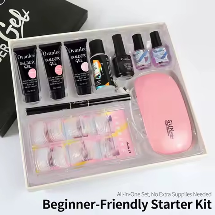 Ovanlee 3-Tube Nail Extension Builder Gel Kit – Complete All-in-One Set with Mini UV/LED Lamp, Nail Prep Dehydrator, Primer Bonder, Top Coat, Dual Forms & Brush for DIY Home Manicure (15ml Each)