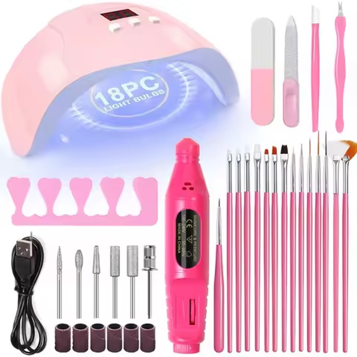 Professional Nail Art Kit with 54W UV Lamp Glue Dryer Polisher Dead Skin Remover Finger Separator Manicure Pedicure Home Use