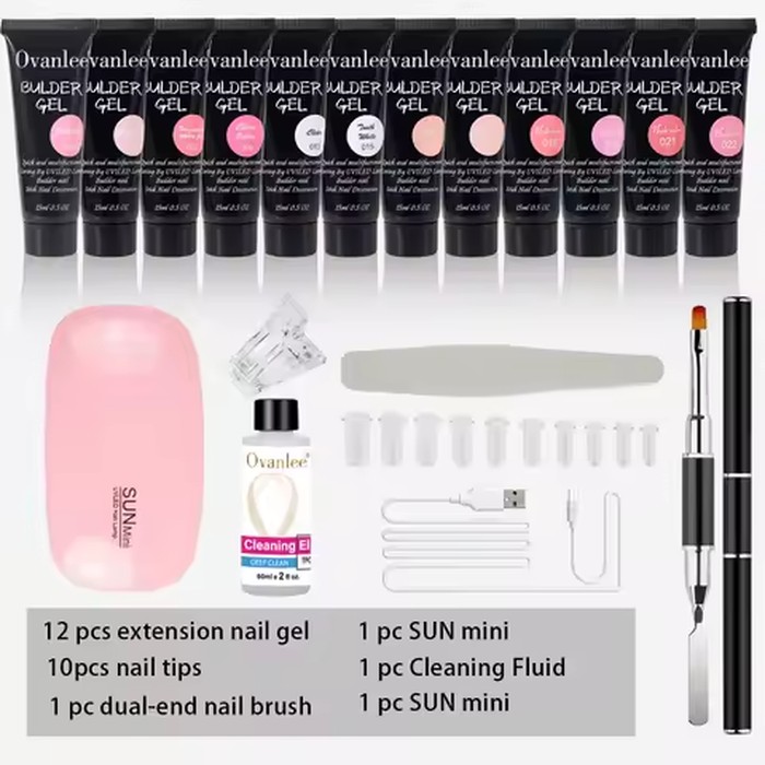 Ovanlee 18-Piece All-in-One Nail Builder Gel Kit – 12 Colors 15ml Polygel with Mini UV/LED Lamp, Cleaning Fluid, Nail Tips & Tools – Form-Free DIY Manicure Extension & Strengthening Set