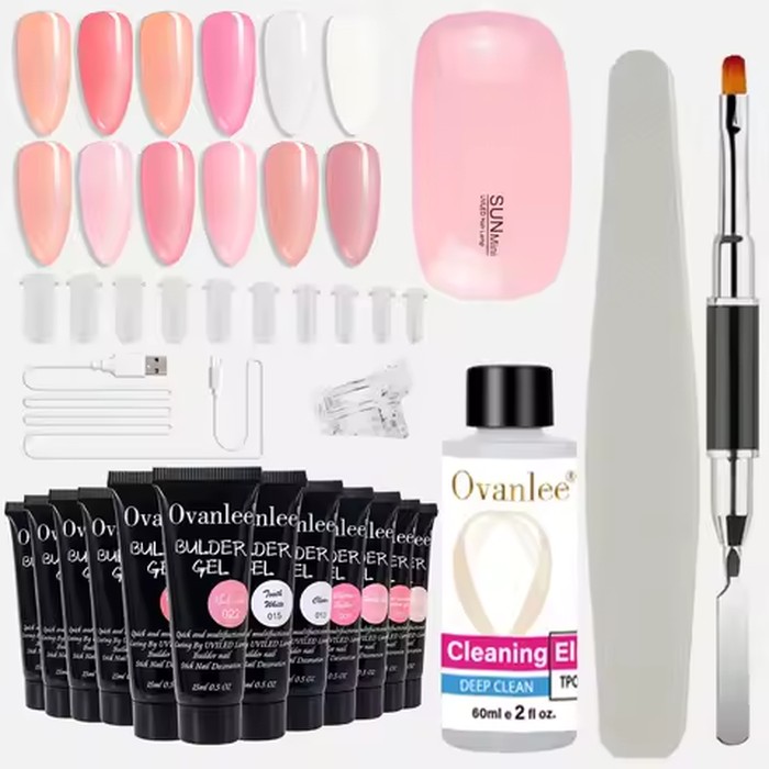 Ovanlee 18-in-1 Form-Free Polygel Nail Starter Kit – Portable UV Lamp Included, 12 Colors Hard Builder Gel with Slip Solution & Tips – Ultimate DIY Nail Extensions for Beginners