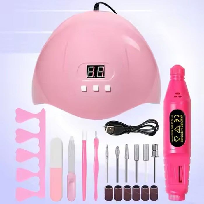 Nail Care Tool Set, Featuring a UV Nail Lamp, Nail Polisher, Cuticle Pusher and Remover, Toe Nail Separator, Nail File, and Nail Brush. Suitable for Professional Nail Salons or Home Nail Care. Perfect Holiday Gift.