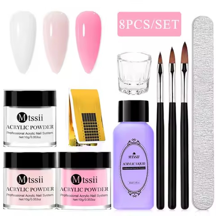 8PCS/Set 10ml Nail Acrylic Powder and Liquid Set Nude Pink White Clear Professional DIY Acrylic Nail Art Kit with Nail Brush