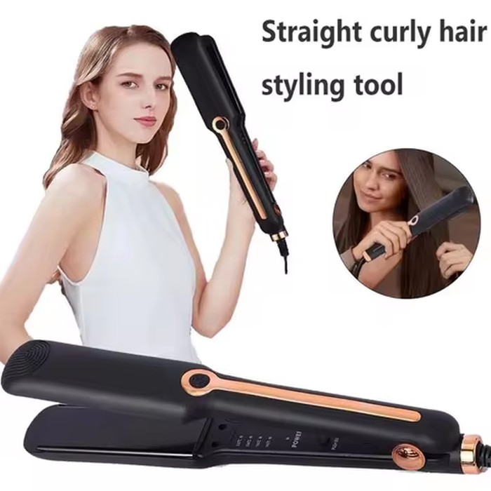 Professional straightening brush, curling iron and two-in-one titanium plate straightener with LCD temperature display, suitable for home use and salons.