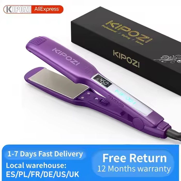 KIPOZI Professional Hair Straightener Titanium Flat Iron with Digital LCD Display Dual Voltage Instant Heating Curling Iron Gift