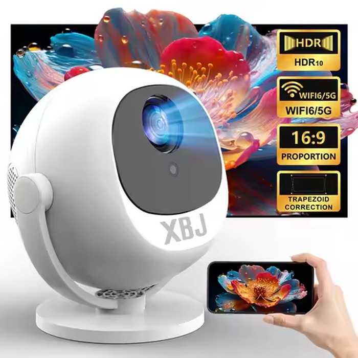 XBJ Mini 4K Home Theater Projector, Android WiFi 6 BT 5.0 Auto Keystone 360° Rotation Portable Video Projector for Outdoor Home
