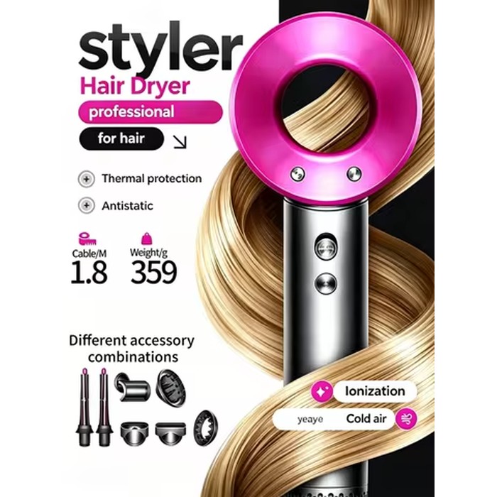 Portable Quick-Drying Hair Dryer, Leafless, Negative Ion Hair Care, Curling Tips, Professional Styling Tools and Accessories