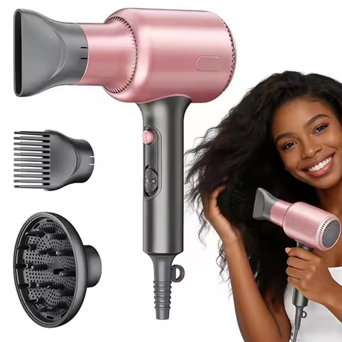 1600W Professional Hair Dryer with 3 Attachments 2 Wind Speeds Ionic Blow Dryer Fast Drying Hairdryer for Home Travel