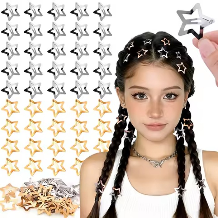 Gold Silver Star Hair Clips for Rave Party, Y2K Non Slip Snap Barrettes Set, Mini Metal Cool Hair Accessories for Women Girls Gift
