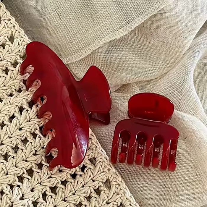 2PCS Red Acrylic Hair Claw Set, Large & Small Non-slip Jaw Clips, Elegant Korean Style Hair Accessory For Thick Hair